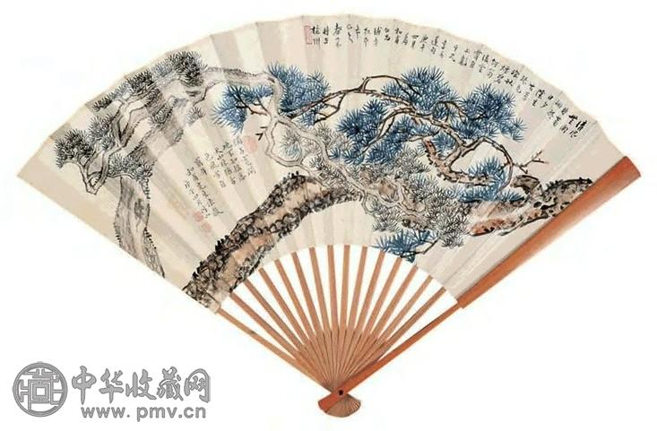 都俞 1930年作 松寿图 行书 扇面 设色笺本