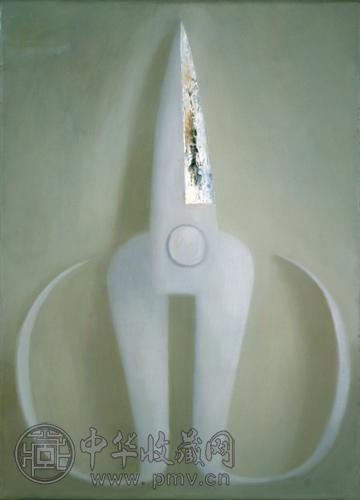 毛旭辉 2000年作 直立的灰白色剪刀 油画画布镜框