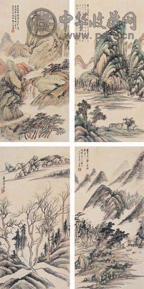 陈子清 山水 四屏 设色纸本