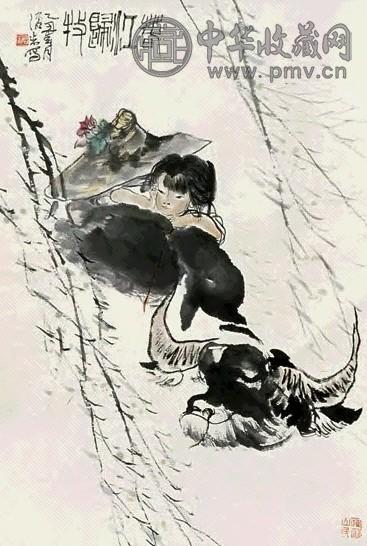 周沧米 春江归牧图 立轴 纸本