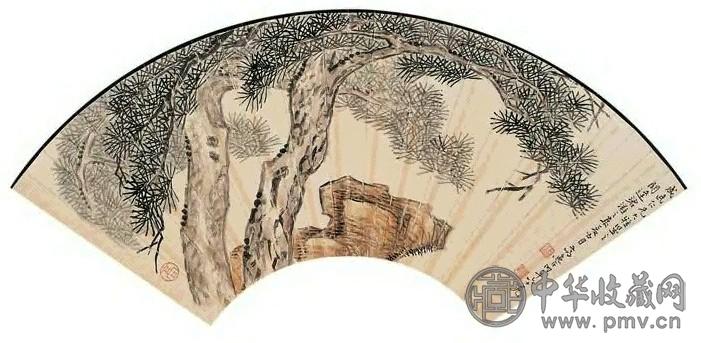 高鱼占 松石图 扇面 设色纸本