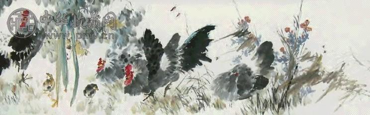 肖朗 群鸡 手卷 设色纸本