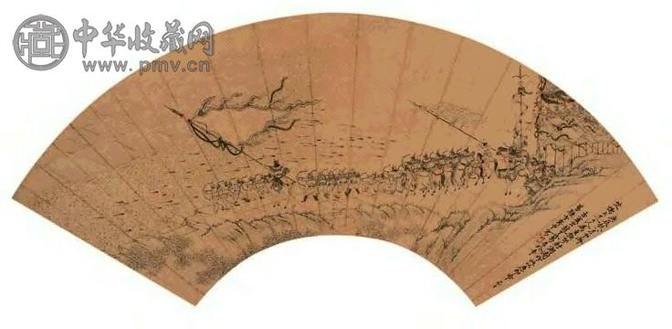 葛尊 钱王射潮 扇面 设色纸本