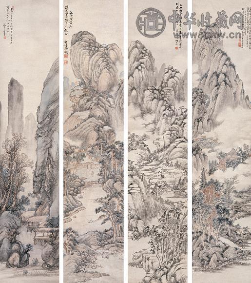 金龙节 杨光暄 张世禄等 己卯(1879年)作 山水 四屏 设色纸本