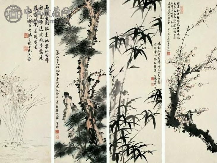 方介堪 四友图 四屏 设色纸本