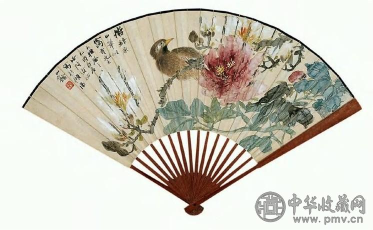 张星阶 牡丹八哥图并行书七言诗 扇面 设色纸本