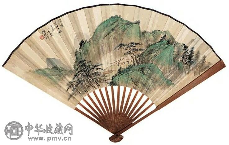 徐曦 1935年作 听松图 扇面 设色笺本