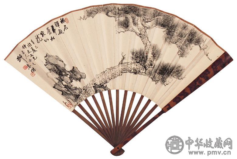 邓春澍 辛巳(1941年)作 松石 成扇 水墨纸本