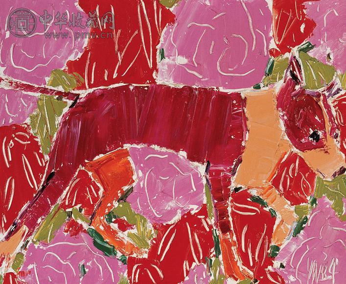 阎博 2004年作 花花狗 油彩 画布 框