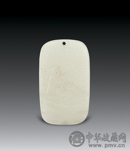 清 白玉刻张骞乘槎纹佩
