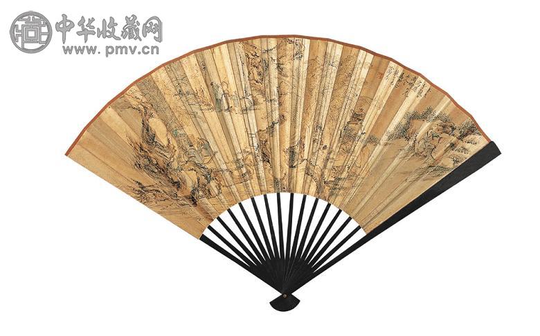 葛尊 1821年作 群贤图 成扇 设色金笺