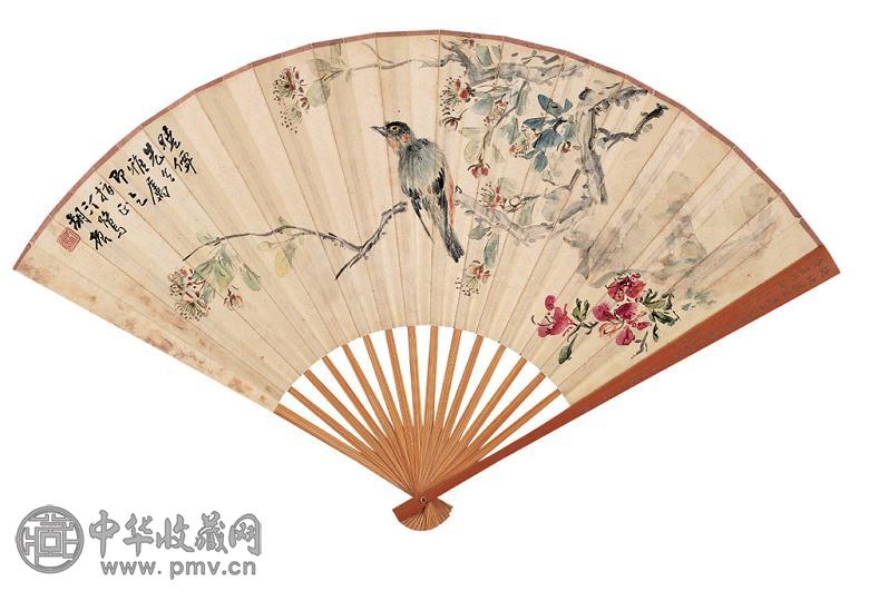 胡振 花鸟 成扇 设色纸本