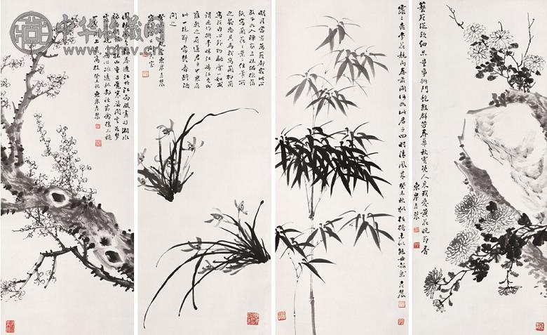 邓怀农 梅兰竹菊 四屏 纸本