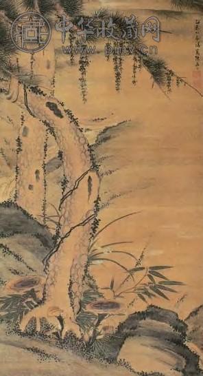 陈嘉言 乙未(1595年)作 灵泉双松图 立轴 设色绢本