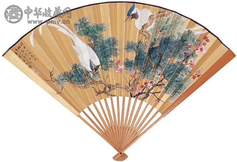 张星阶 赵叔孺 1941年作 花鸟书法 成扇