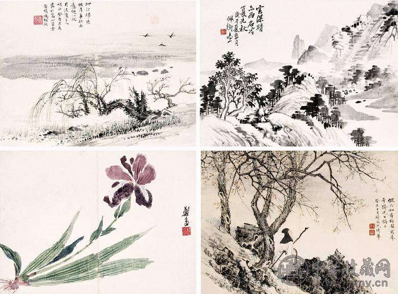 冯超然 陈子清 郑午昌 等 山水 花卉 册页(8开选4) 纸本