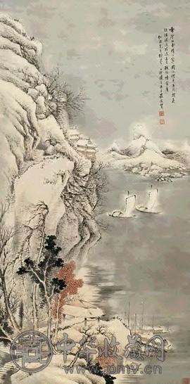 狄平子 1927年作 雪压江村 立轴 设色纸本