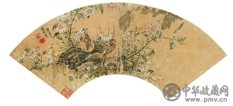 陈嘉言 花鸟扇面 镜心 设色金笺