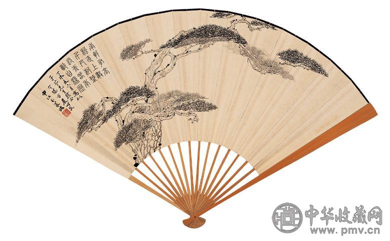 方介堪 丁亥(1947年)作 墨松图 隶书 成扇 水墨纸本