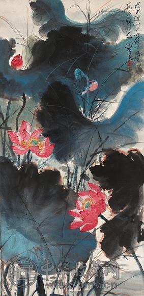 谢伯子 碧穷荷花图 立轴 设色纸本