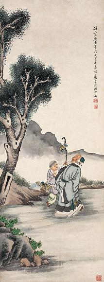 朱鼎新 1929(己巳)年作 携童赏菊 立轴 设色纸本