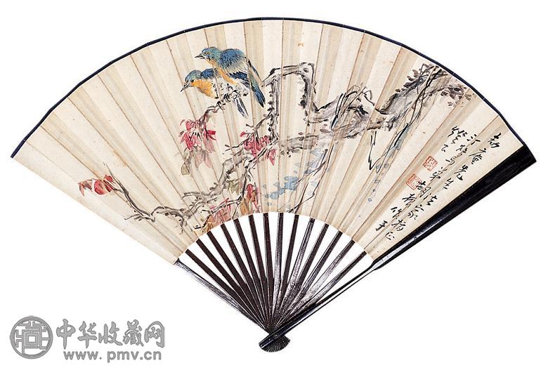 胡振 赵石 红叶翠鸟书法 成扇
