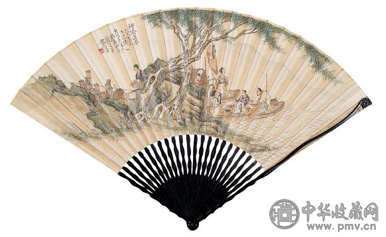 葛尊 1949年作 柳荫渔乐 成扇 设色纸本