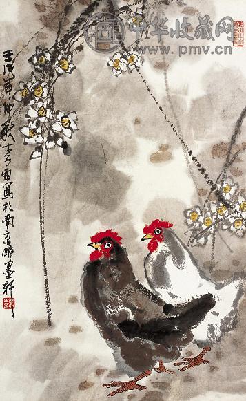 李亚 壬戌(1982年)作 双鸡图 镜心 设色纸本