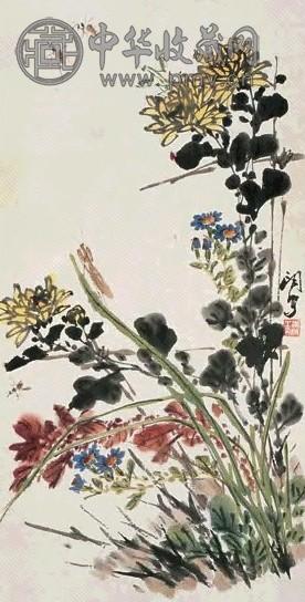 肖朗 花卉草虫 立轴 设色纸本