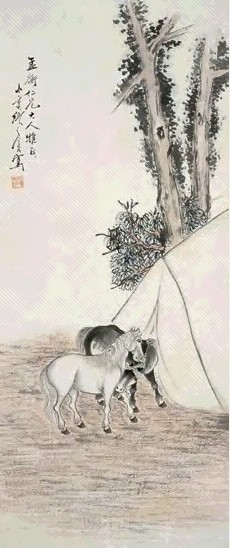 张之溶 树荫双驹图 立轴 设色纸本