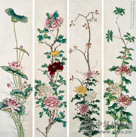 缪素筠 花卉 四屏 设色纸本