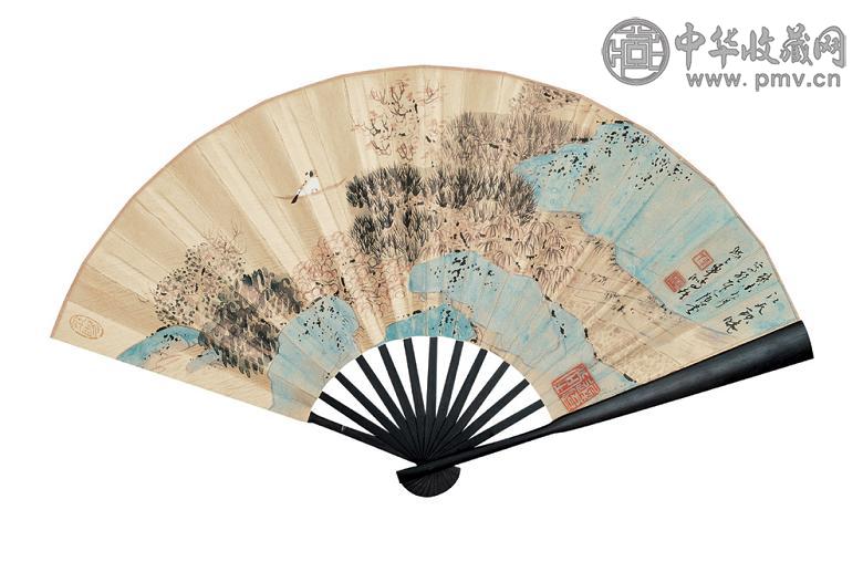 车鹏飞 刘小晴 2003年作 江天秋晓图 行书 成扇 设色金笺