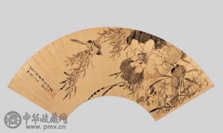 陈嘉言 荷花小鸟 扇面 金笺