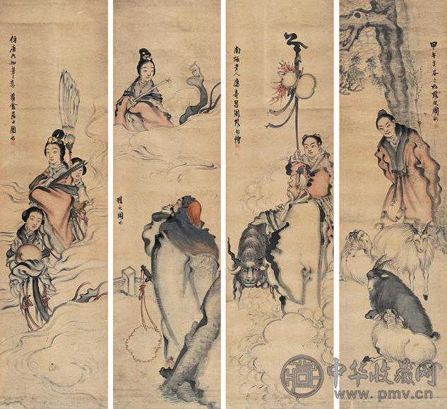 周彬 人物故事 四屏 设色纸本