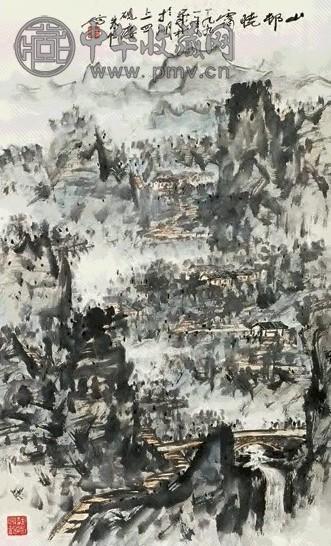 朱恒 山邨晓霭 立轴 设色纸本