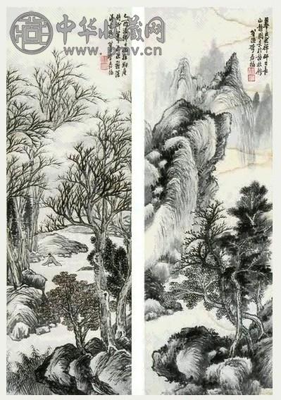 李嘉福 山水 三条屏 纸本