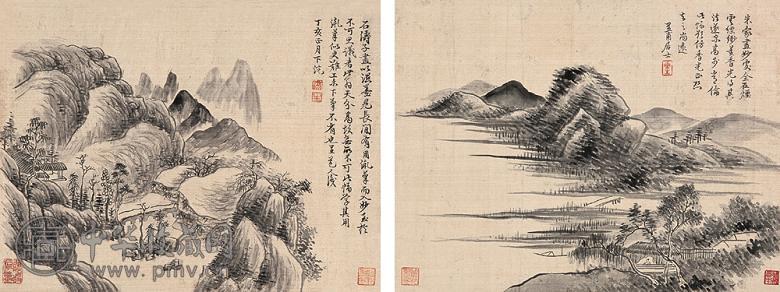 谢兰生 丁亥(1947年)作 山水(2件) 镜心 水墨绢本