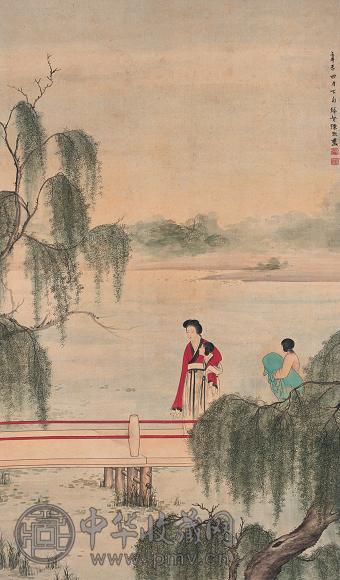 陈煦 辛未(1931年)作 柳荫仕女 立轴 设色绢本