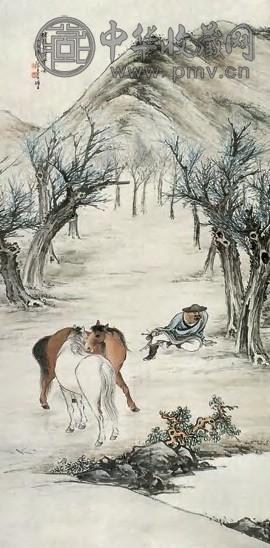 张之溶 清 悦马相候图 立轴 设色纸本