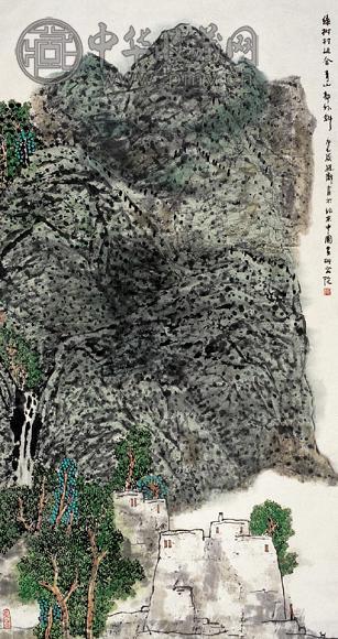 赵卫 绿树村上 立轴 设色纸本