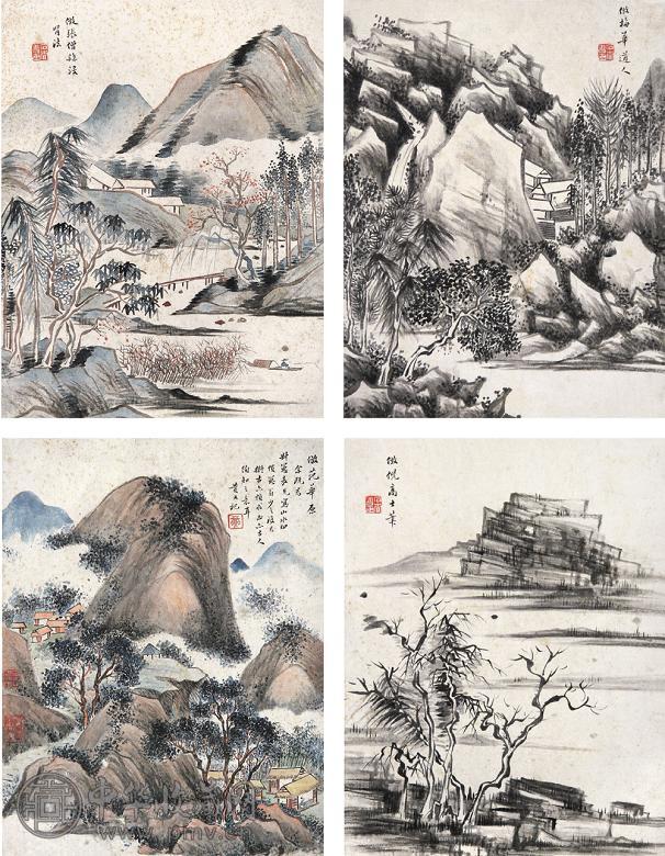 胡石查 山水 册页(8开选4) 设色纸本