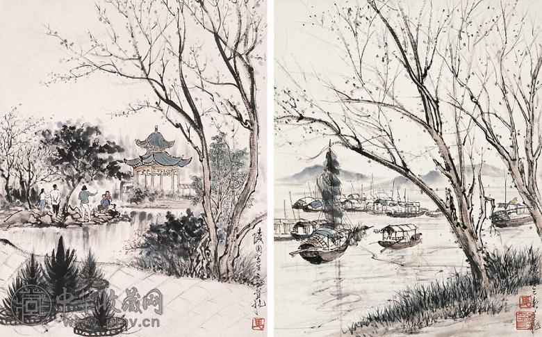 马慈航 风景(2幅) 立轴 设色纸本