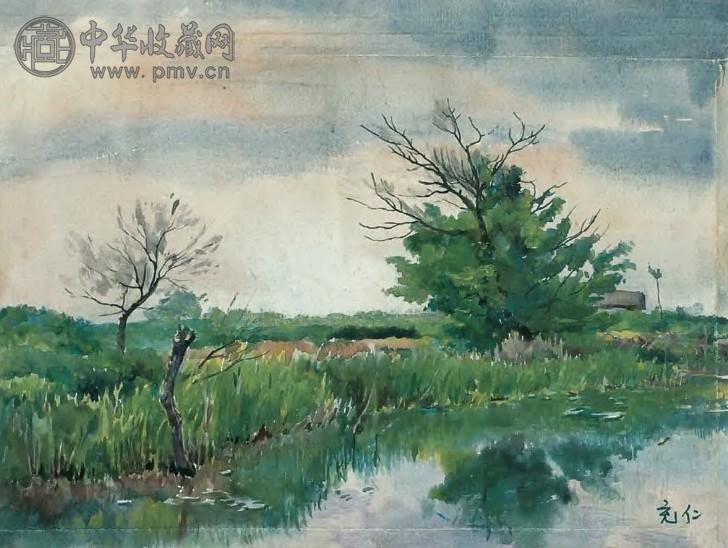 张充仁 乡村 连框 水彩画