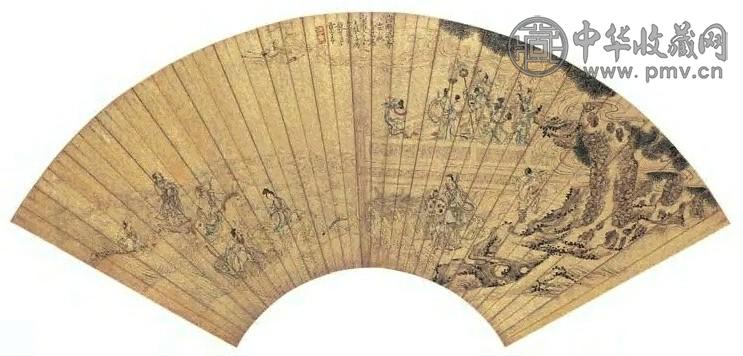 葛尊 1882年作 海鹤添筹 扇面 设色金笺
