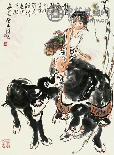 周沧米 柳阴放牧 立轴 设色纸本