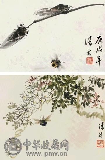 潘然 1990年作 花鸟鱼虫小品集册(每本6开) 册页(6开选2) 设色纸本