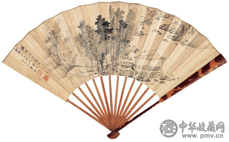 李誉 吴康龄 山水 书法 成扇 水墨泥金纸本