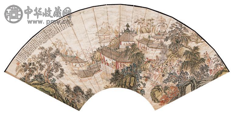 吴青霞 狄平子 群仙祝寿 书法 无骨成扇 设色纸本