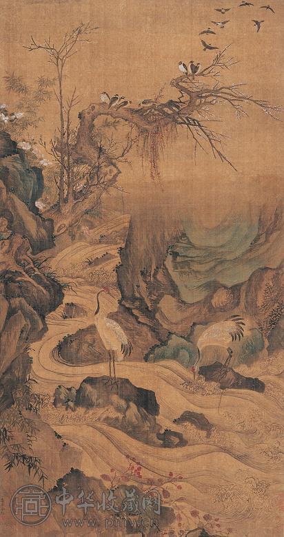 俞榕 梅鹤延年 立轴 设色绢本