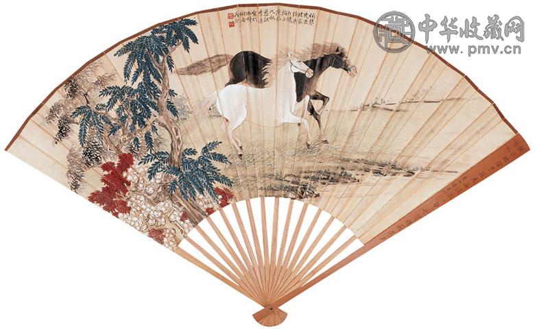 季康 季守正 近代 奔马 四体字 成扇 设色纸本